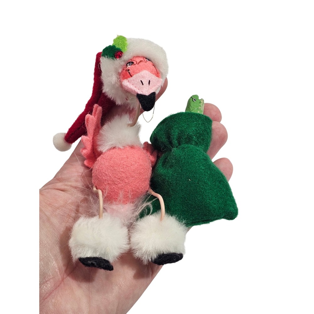 Annalee 2008 Christmas Flamingo Santa Hat Sack Ornament Pink Felt Tropical Bird